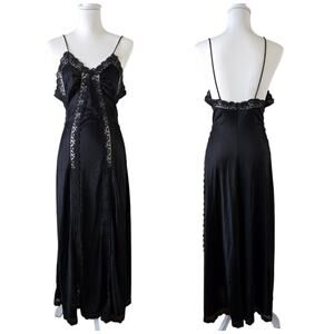 Vintage Dark Romance Black Lace Maxi Slip Dress Gothic Lingerie Bias Cut S 90s